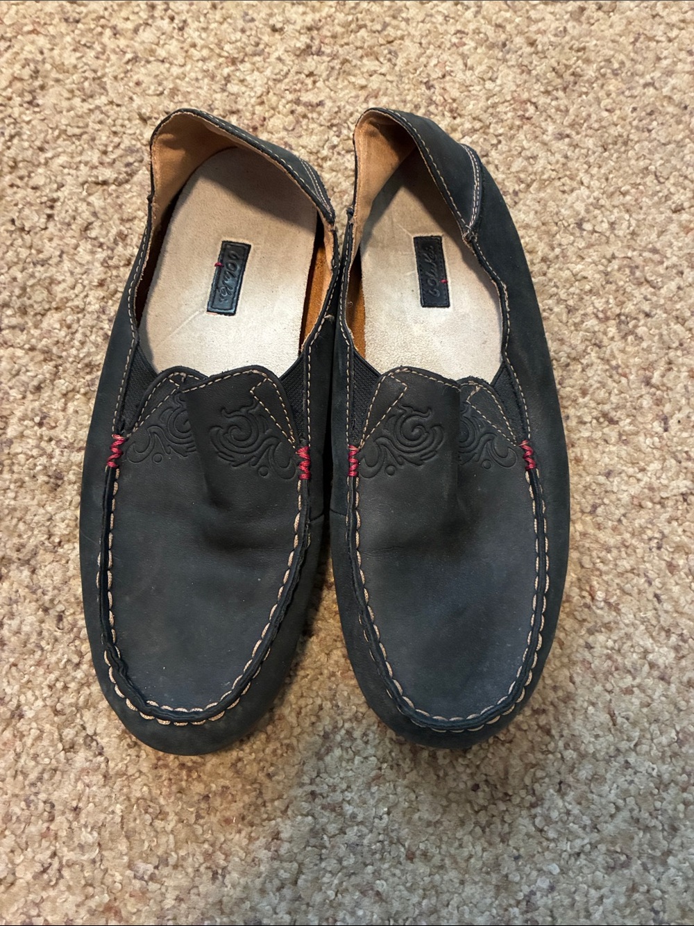 OluKai Women's Black Slip-On Loafers with Red Stitch Accents
